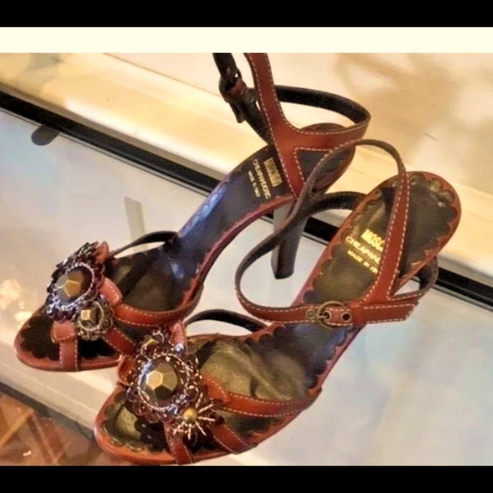 MOSCHINO BROWN JEWELED ANKLE STRAP 7.5 SANDAL AUTHENTIC